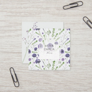 Elegant Purple Green Watercolor Flowers Square Business Card