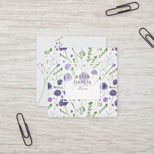 Elegant Purple Green Watercolor Flowers  Square Business Card (Front/Back In Situ)