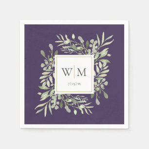 Elegant Purple Greenery Gold Monogram Napkin
