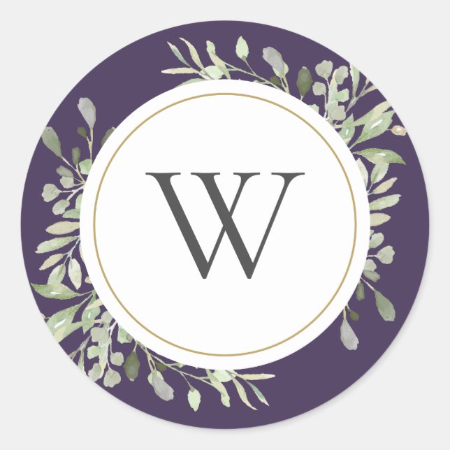 Elegant Purple Greenery Monogram Initial Classic Round Sticker (Front)