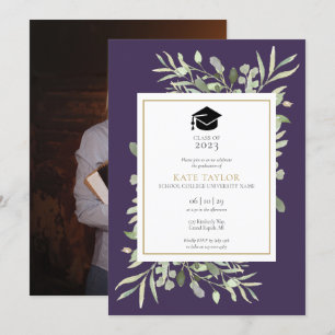 Elegant Purple Greenery Photo Graduation Party Inv Invitation
