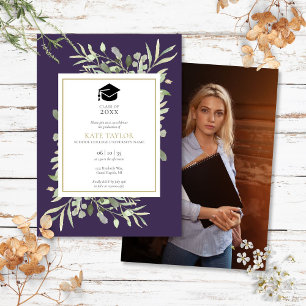 Elegant Purple Greenery Photo Graduation Party Invitation