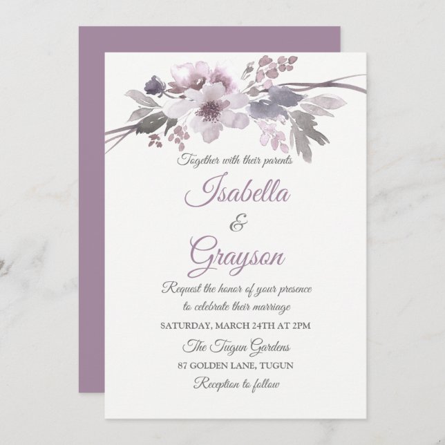 Elegant Purple Grey Floral Wedding Invite (Front/Back)