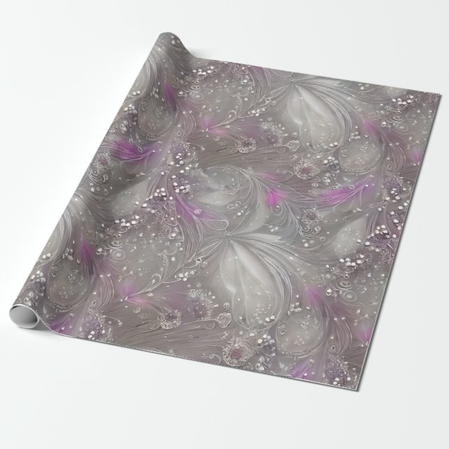 Elegant Purple Grey Pearl Beaded Feathers Wrapping Paper (Unrolled)