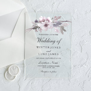 Elegant Purple Grey Winter Floral Wedding Acrylic Invitations