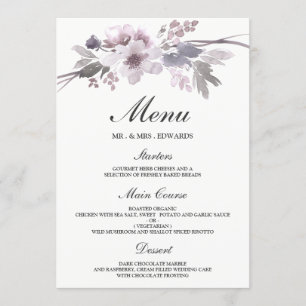 Elegant Purple Grey Winter Floral Wedding Menu