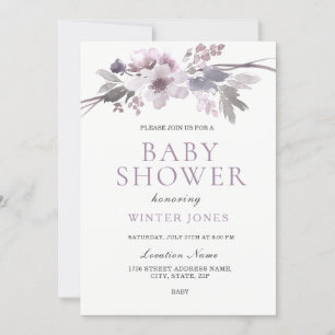 Elegant Purple Grey Winter Flowers Baby Shower Invitation