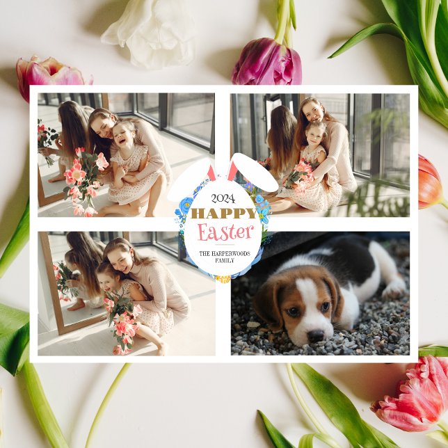 Elegant Purple happy Easter Ears Eggs Family photo Holiday Card (Creator Uploaded)