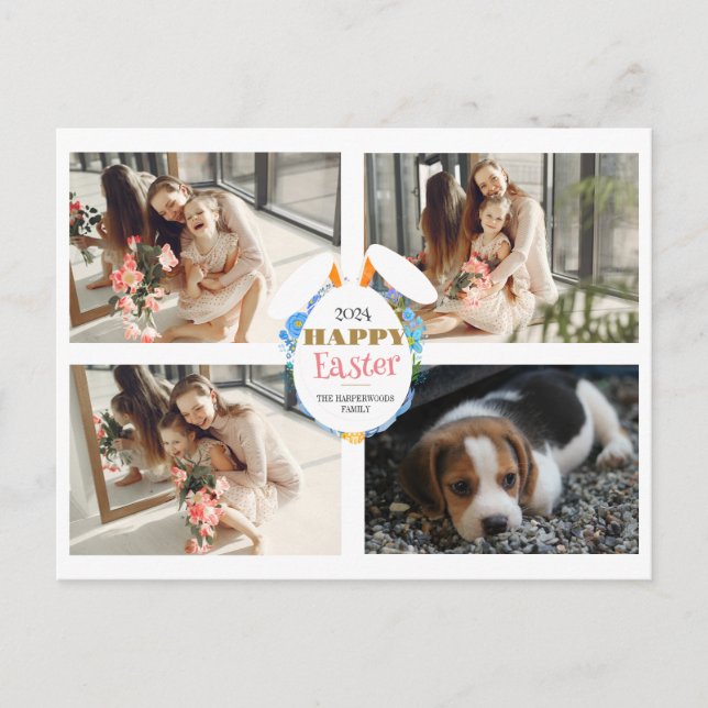 Elegant Purple happy Easter Ears Eggs Family photo Holiday Postcard (Front)