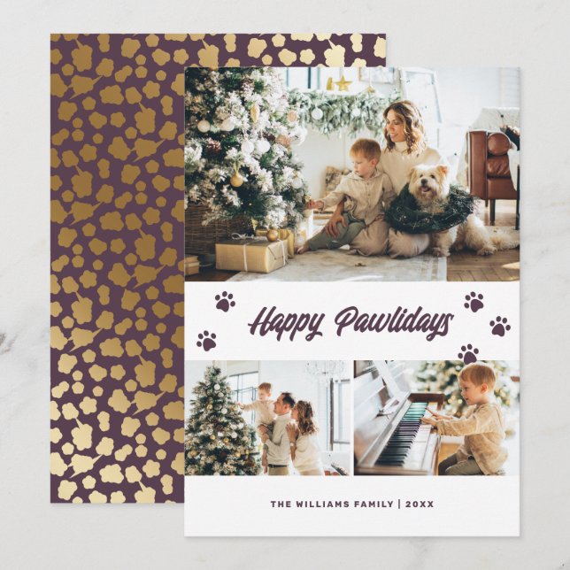 Elegant Purple Happy Pawlidays Gold Stars Photo Holiday Card (Front/Back)