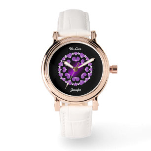 Elegant purple hearts black background with text watch