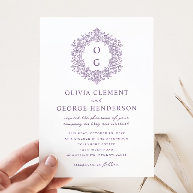 Elegant Purple Heirloom Crest Wedding Invitation (Creator Uploaded)