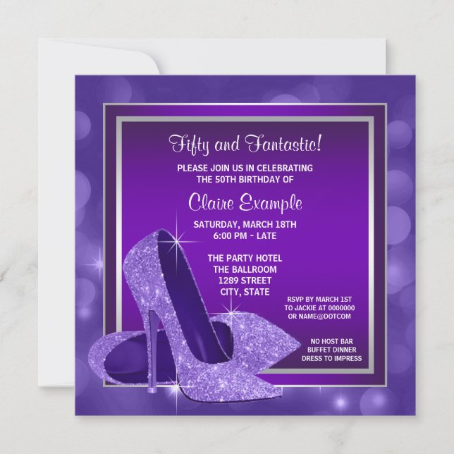 Elegant Purple High Heels Womans Birthday Party Invitation (Front)