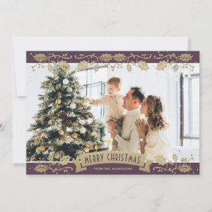 Elegant Purple Holly Berries Photo Christmas Card