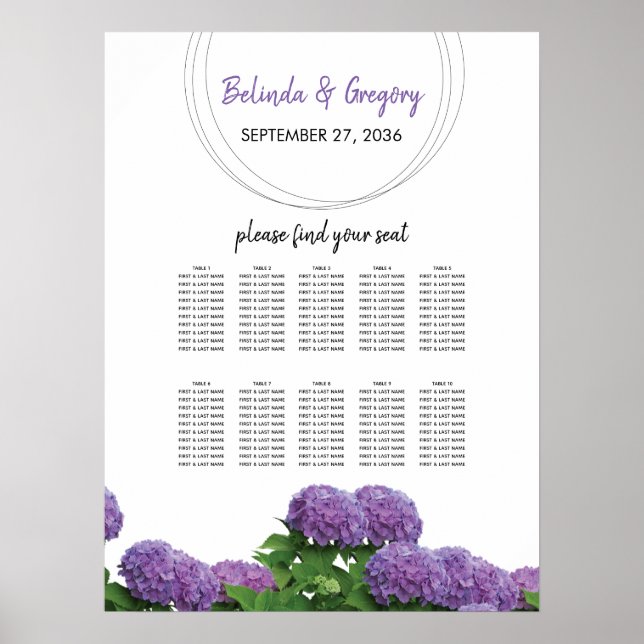 Elegant Purple Hydrangea Wedding Seating Chart (Front)