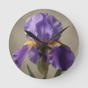 Elegant Purple Iris Flower Bloom Round Clock