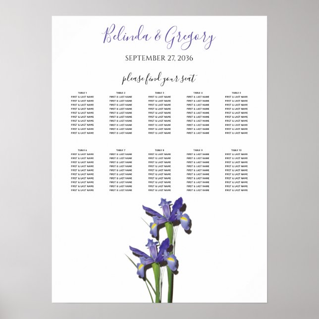Elegant Purple Iris Wedding Seating Chart (Front)