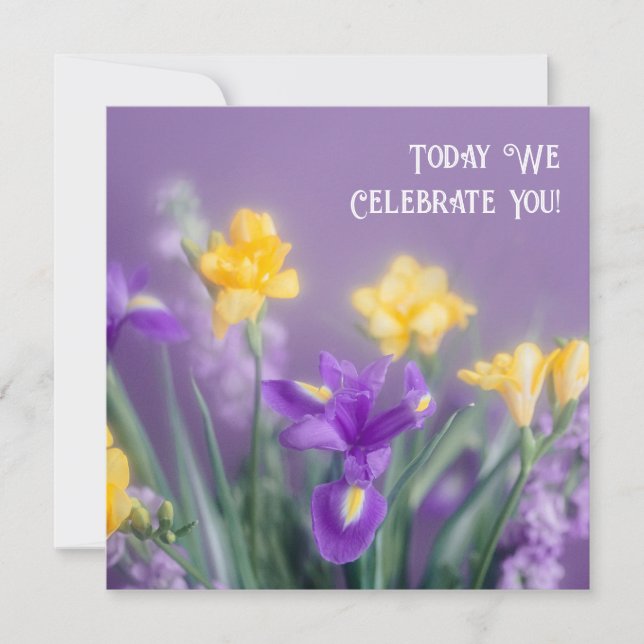 Elegant Purple Iris & Yellow Spring Flowers Card (Front)