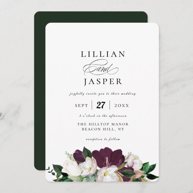 Elegant Purple Ivory Floral Bouquet Wedding Invitation (Front/Back)