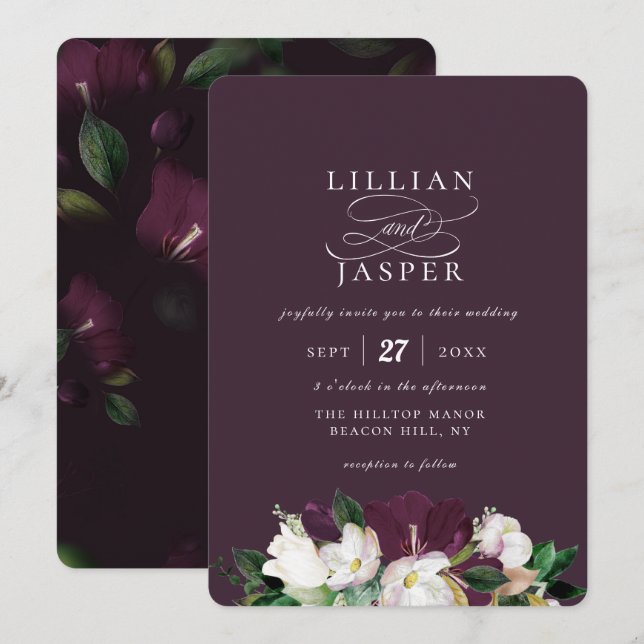 Elegant Purple Ivory Floral Bouquet Wedding Invitation (Front/Back)