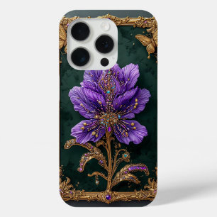 Elegant Purple Jewel-Encrusted Flower iPhone 15 Pro Case