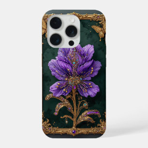 Elegant Purple Jewel-Encrusted Flower iPhone 15 Pro Case