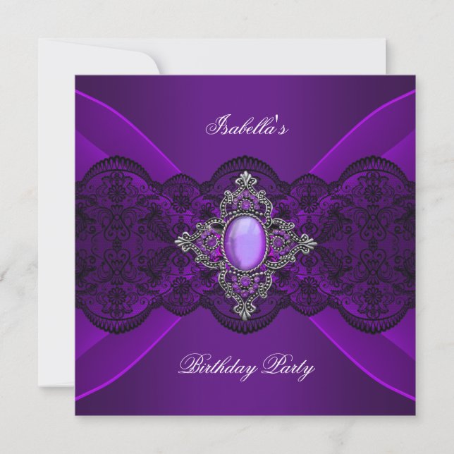 Elegant Purple Jewel Lace Silver Birthday Party Invitation (Front)