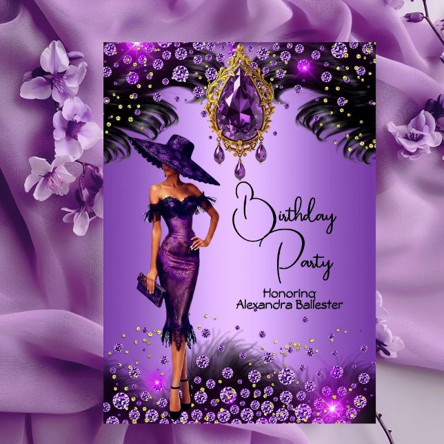 Elegant Purple Jewels Dress Gold Birthday Party Invitation (Creator Uploaded)