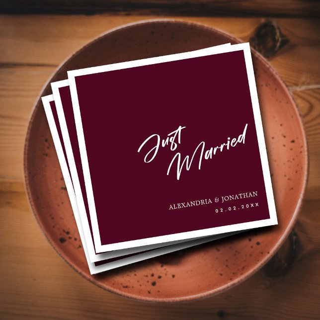 Elegant Purple Just Married Custom Wedding Napkins ( Simple Just Married Burgundy Custom Wedding  Napkins)