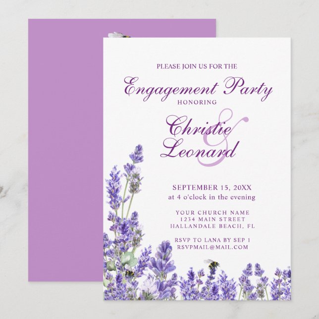 Elegant Purple Lavander Flowers Wedding Engagement Invitation (Front/Back)