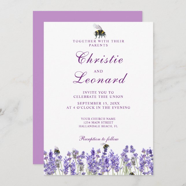 Elegant Purple Lavander Flowers Wedding Invitation (Front/Back)