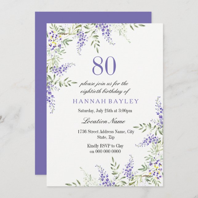 Elegant Purple Lavender 80th Birthday Invite (Front/Back)
