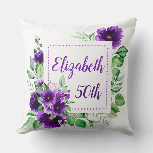 Elegant Purple Lavender Floral 50th Birthday Cushion (Front)