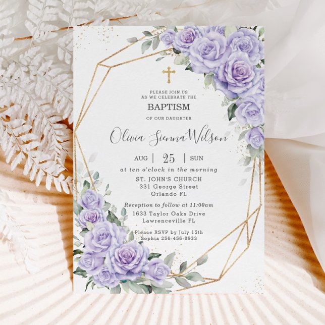 Elegant Purple Lavender Floral Baptism Christening Invitation (Creator Uploaded)