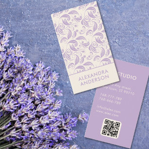Elegant Purple Lavender Floral Pattern QR Code Business Card