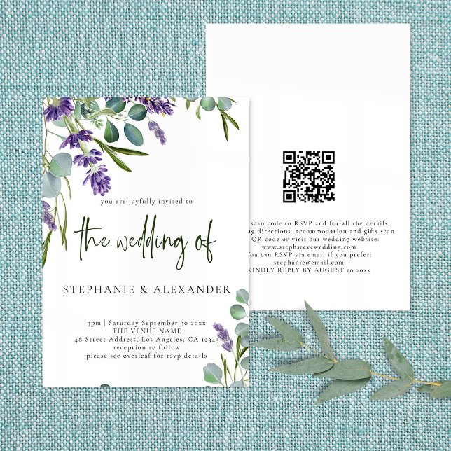 Elegant Purple Lavender Floral QR Code Wedding Invitation (Creator Uploaded)