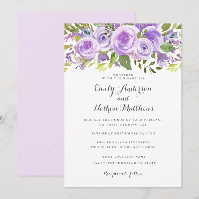 Elegant Purple Lavender Floral Rose Wedding Invitation (Front/Back)