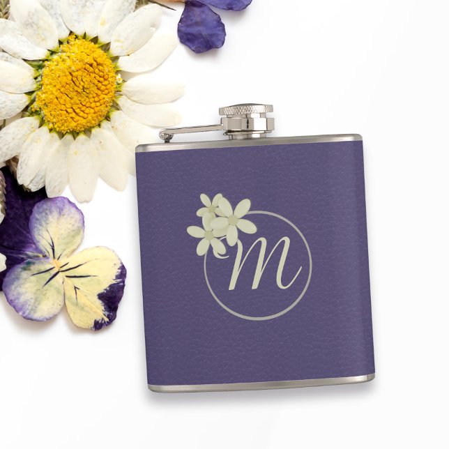 Elegant Purple Leather Look Daisy Monogram Hip Flask (A pretty purple hip flask with space for your initial. Makes a great gift for your mom!)