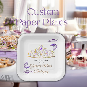 Elegant Purple Leaves Gold Tiara Quinceañera Paper Plate