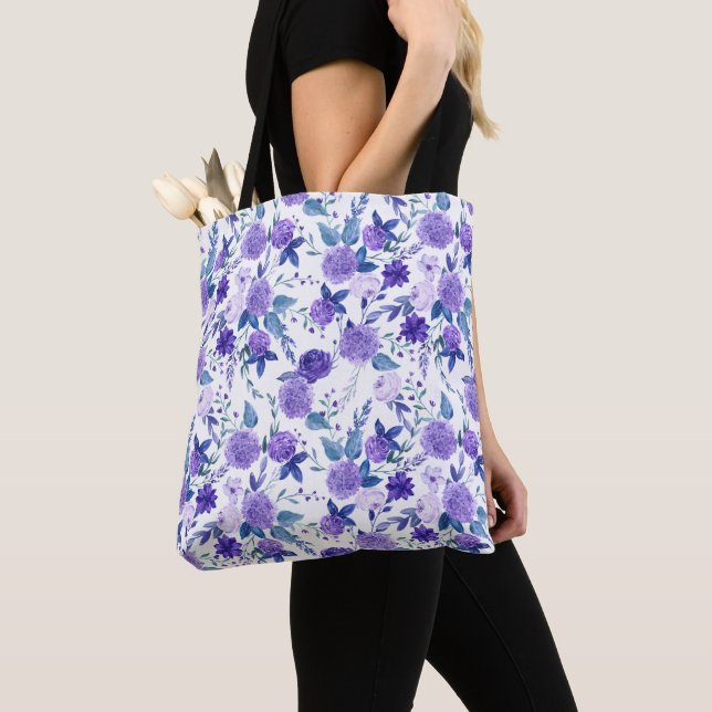 Elegant Purple Lilac Floral On White Tote Bag (Close Up)