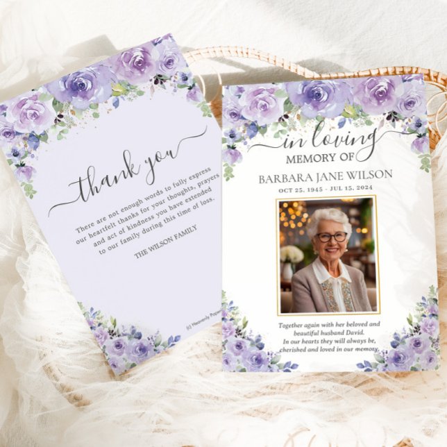 Elegant Purple Lilac Floral Photo Funeral Memorial Thank You Card (Creator Uploaded)