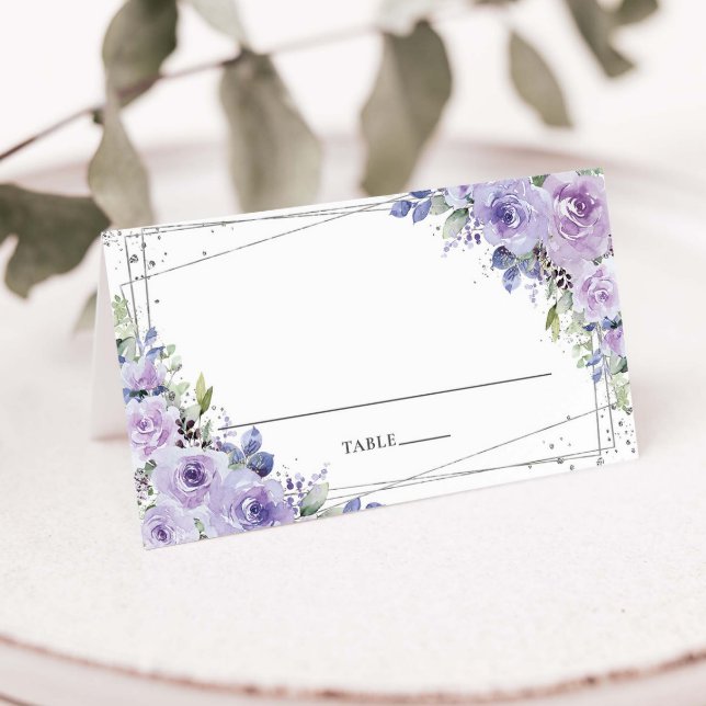 Elegant Purple Lilac Floral Silver Wedding Place Card (Creator Uploaded)