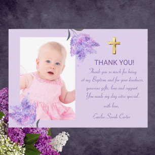 Elegant Purple Lilac Gold Cross Girl Baptism Thank You Card