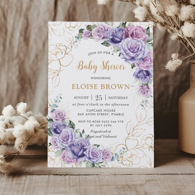 Elegant Purple Lilac Lavender Roses Baby Shower Invitation (Creator Uploaded)