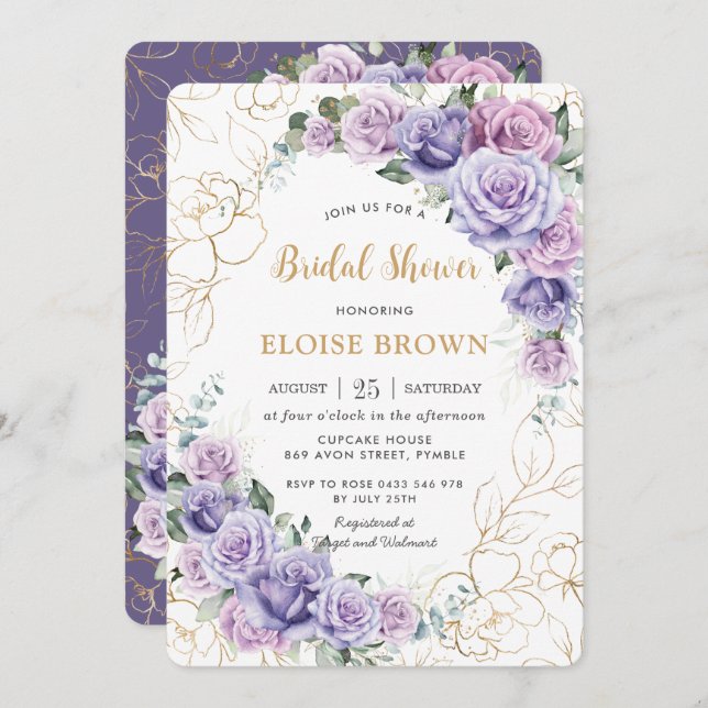 Elegant Purple Lilac Lavender Roses Bridal Shower Invitation (Front/Back)