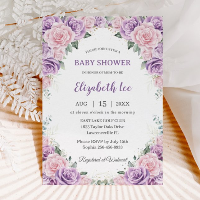Elegant Purple Lilac Pink Floral Baby Shower Invitation (Creator Uploaded)