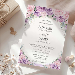 Elegant Purple Lilac Pink Roses Floral Wedding Invitation