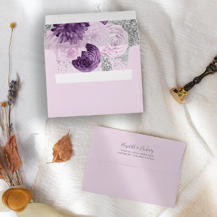 Elegant Purple Lilac Silver Floral Wedding Envelope