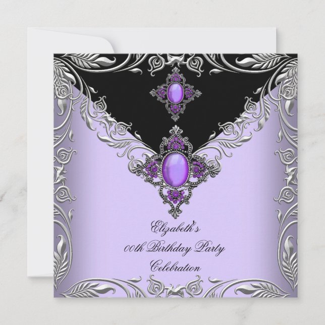 Elegant Purple Lilac Silver Jewel Birthday Party 3 Invitation (Front)