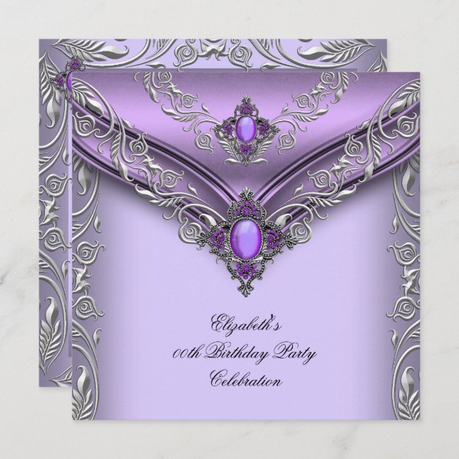 Elegant Purple Lilac Silver Jewel Birthday Party Invitation (Front/Back)